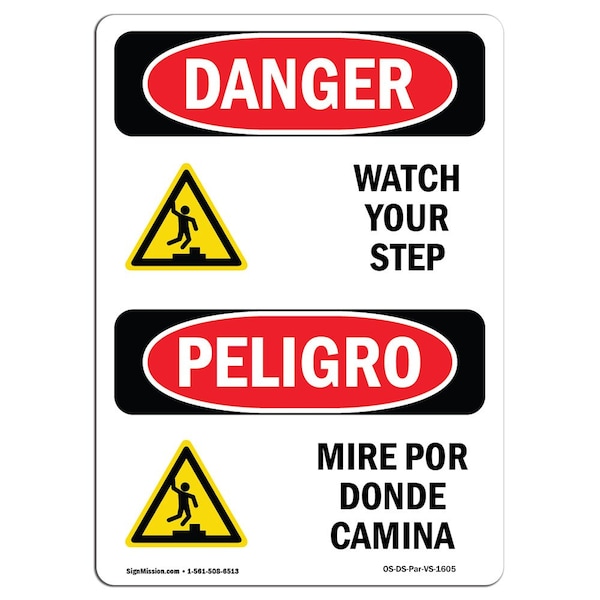 OSHA Sign, Watch Your Step Bilingual, 5in X 3.5in Decal, 10PK, 3.5" W, 5" H, Spanish, PK10